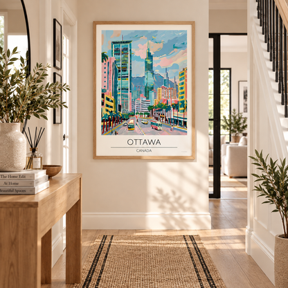 A framed travel poster of Ottawa, Canada, hanging on a beige wall in a bright, modern hallway with plants and a wooden console table.