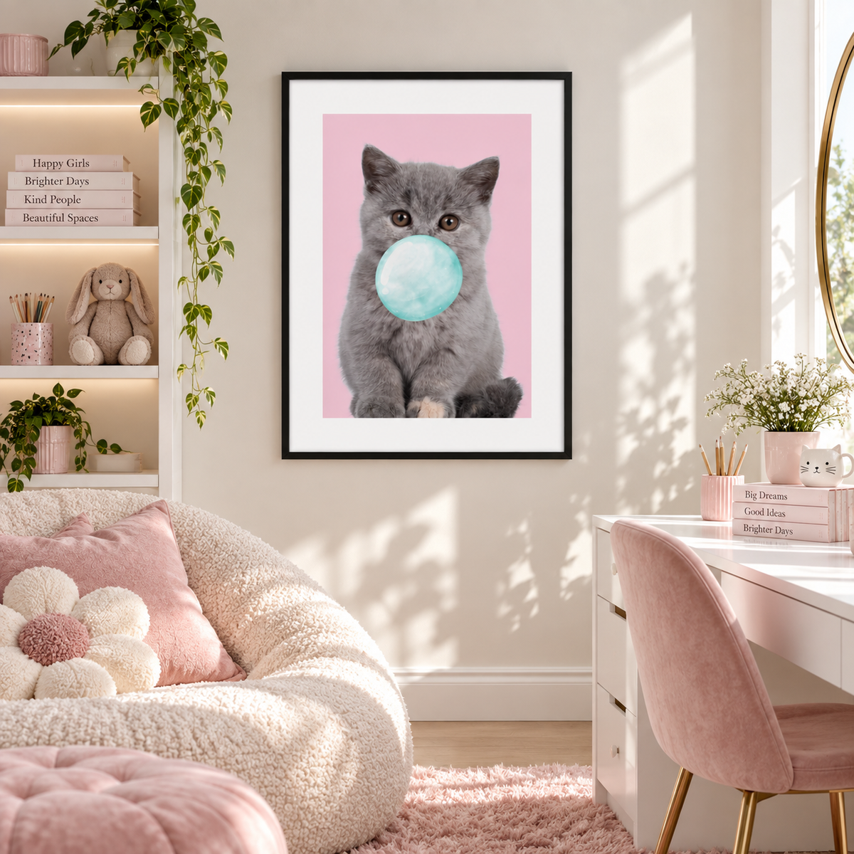 A framed wall art print featuring a gray cat with a light blue gumball bubble on a pink background, displayed in a styled bedroom setting with a pink chair, shelves, and soft decor.