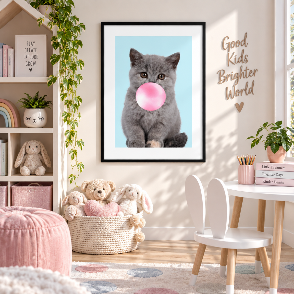 Quirky blue cat wall art featuring bubblegum kitten displayed in bright pastel bedroom decor