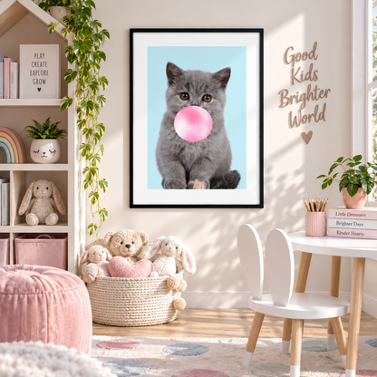 Quirky blue cat wall art featuring bubblegum kitten displayed in bright pastel bedroom decor