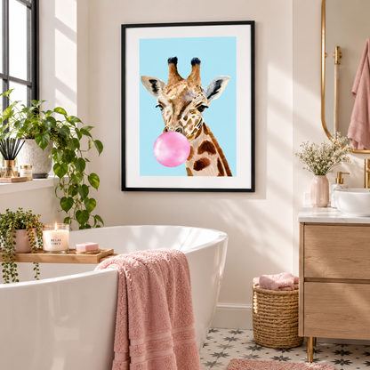 A framed wall art print featuring a giraffe blowing a pink bubblegum bubble against a light blue background, displayed above a white freestanding bathtub in a bright, modern bathroom with plants, a wooden vanity, and pink towels.