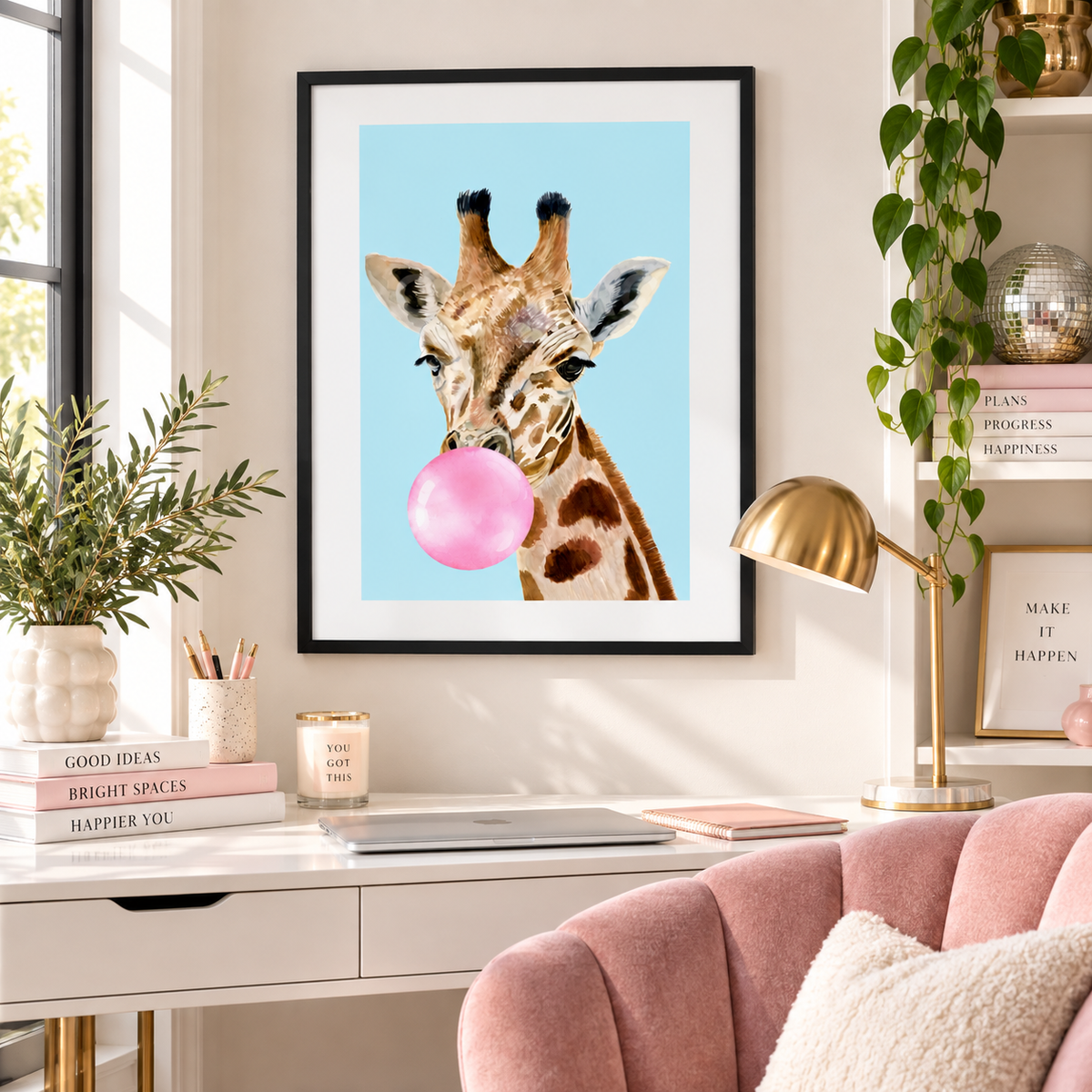 A framed art print featuring a cute giraffe blowing a pink bubblegum bubble, displayed on a white desk in a styled room with a pink chair, gold lamp, and books.
