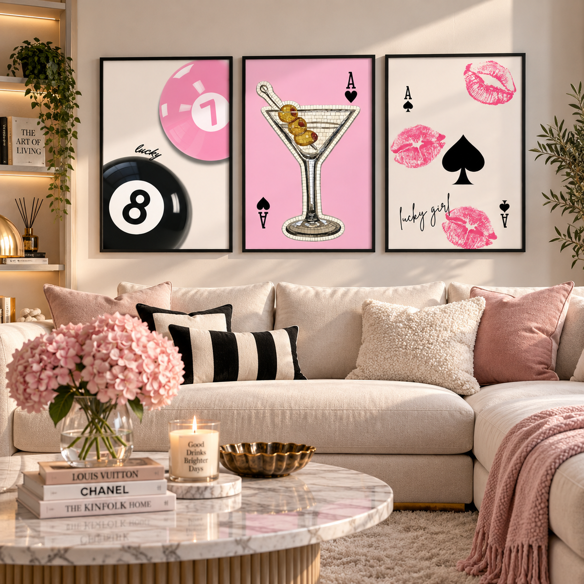 Lucky Girl pink wall art prints with retro casino, cocktail martini and playing card designs for feminine home decor