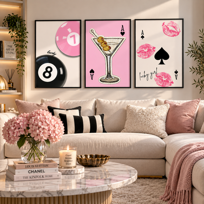 Lucky Girl pink wall art prints with retro casino, cocktail martini and playing card designs for feminine home decor