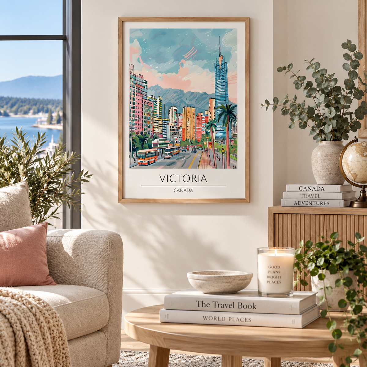 Retro Victoria Canada travel print featuring city architecture mountains and colourful urban scenery