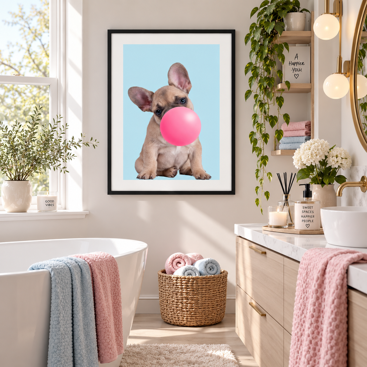 A framed wall art print featuring a light brown French bulldog blowing a pink bubblegum bubble against a light blue background, displayed in a bright, modern bathroom setting.