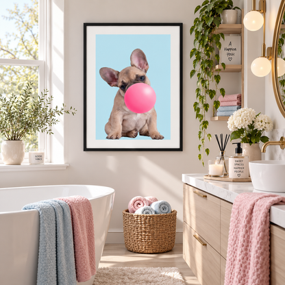 A framed wall art print featuring a light brown French bulldog blowing a pink bubblegum bubble against a light blue background, displayed in a bright, modern bathroom setting.