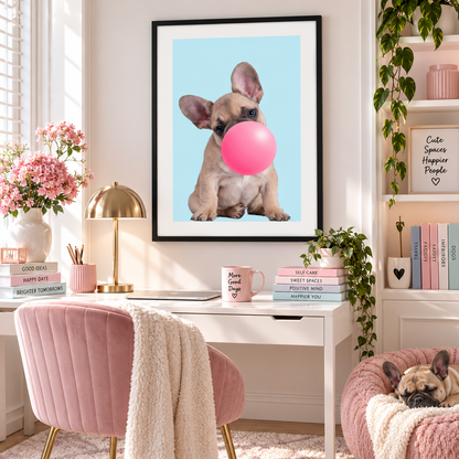 A framed wall art print featuring a small fawn dog blowing a pink bubblegum bubble, displayed above a white desk in a styled home office. The room includes a pink velvet chair, a gold desk lamp, books, and a second dog resting in a pink pet bed.