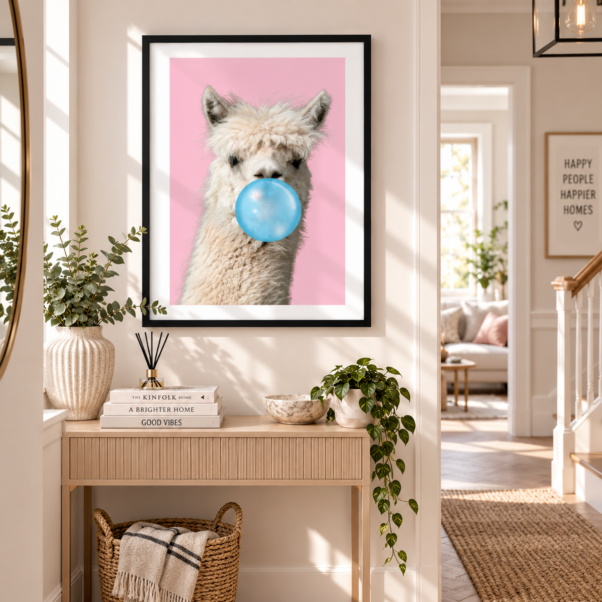 A framed art print featuring a fluffy white alpaca blowing a blue bubblegum bubble against a solid pink background, displayed on a light wood console table in a bright, modern hallway.