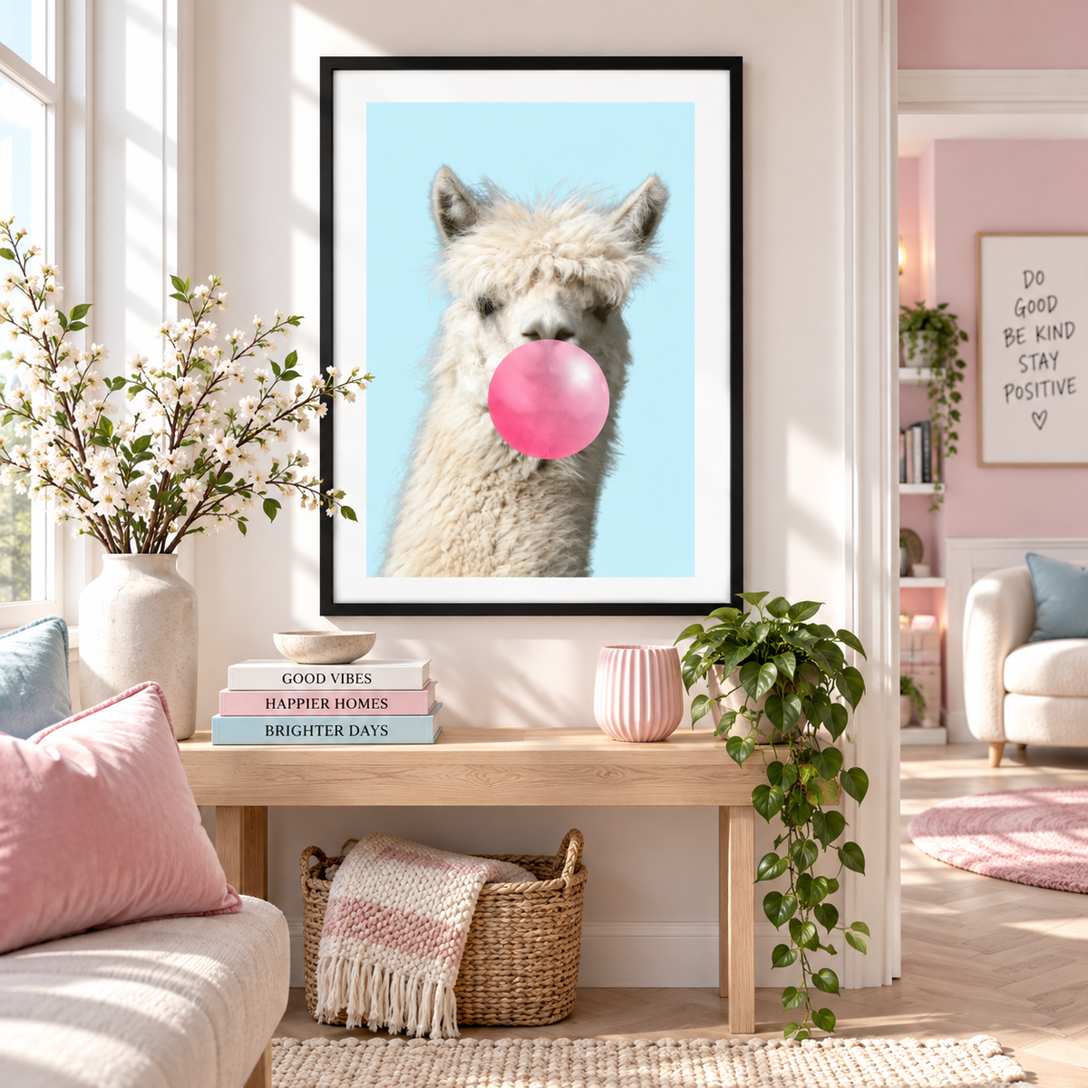 A framed art print featuring a fluffy white alpaca with a pink bubblegum bubble on a light blue background, displayed on a wooden console table in a styled living room.