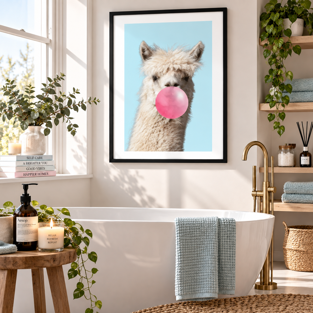A framed wall art print featuring a close-up of an alpaca with a pink bubblegum bubble on a light blue background, displayed above a white freestanding bathtub in a bright, modern bathroom with plants, towels, and gold fixtures.