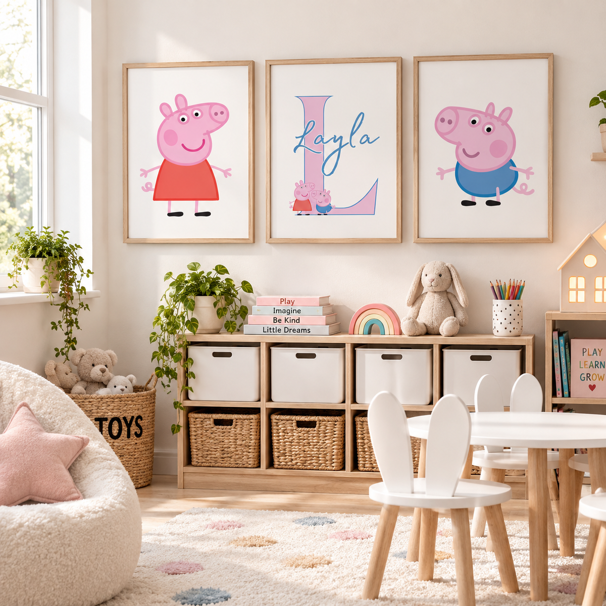 A styled children's room featuring three framed wall prints above a storage cabinet. The prints show Peppa Pig, a personalized letter L reading 'Layla', and George Pig.
