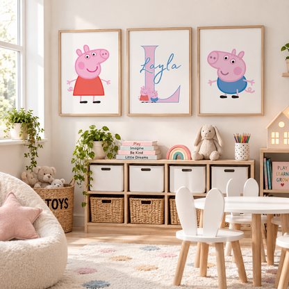 A styled children's room featuring three framed wall prints above a storage cabinet. The prints show Peppa Pig, a personalized letter L reading 'Layla', and George Pig.