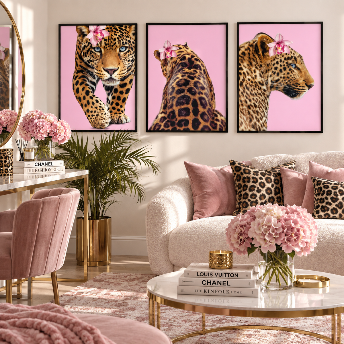 A styled living room scene with three framed animal portraits hanging above a sofa. The artwork shows three leopards on a pink background, each with a small flower in its hair.