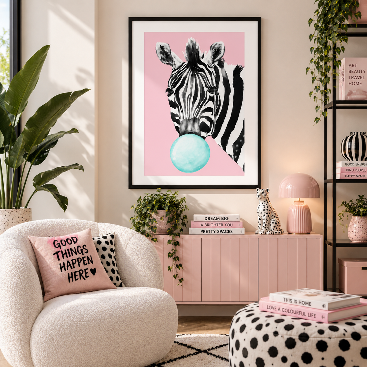 A framed wall art print featuring a black-and-white zebra blowing a light blue bubble, displayed in a styled living room above a pink cabinet. The room includes a cream boucle chair, potted plants, books, and a black shelving unit.