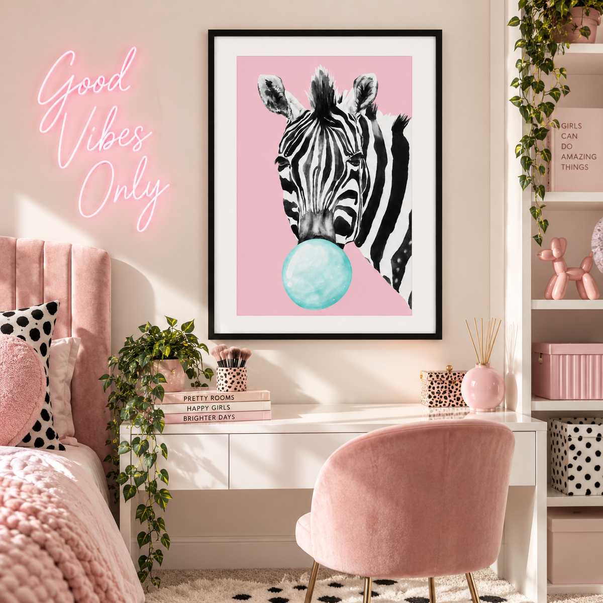 A framed wall art print featuring a black-and-white zebra blowing a light blue bubblegum bubble against a pink background, displayed in a styled bedroom setting with a pink bed, desk, chair, and neon sign.