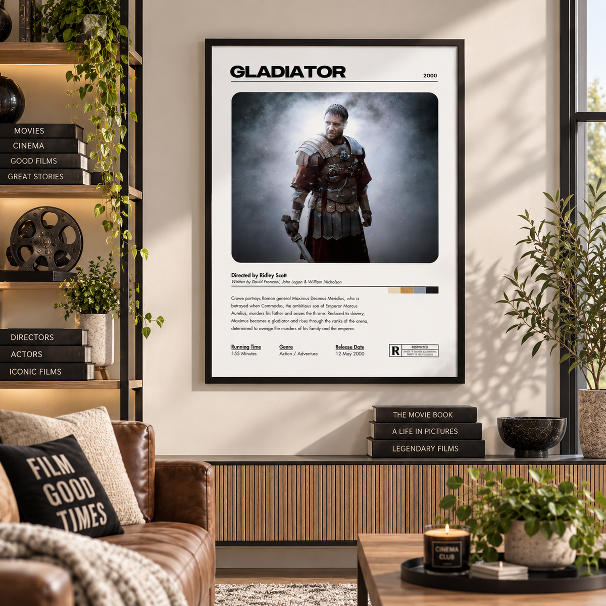 Gladiator film wall art print featuring Maximus for modern home cinema and movie room decor