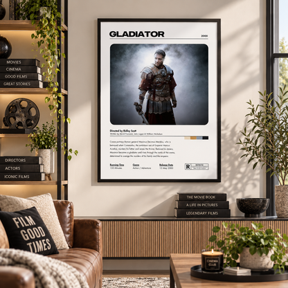 Gladiator film wall art print featuring Maximus for modern home cinema and movie room decor