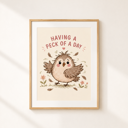 A framed art print featuring a cute cartoon owl with the text 'HAVING A PECK OF A DAY' on a cream background, shown hanging on a light beige wall with soft window shadows.