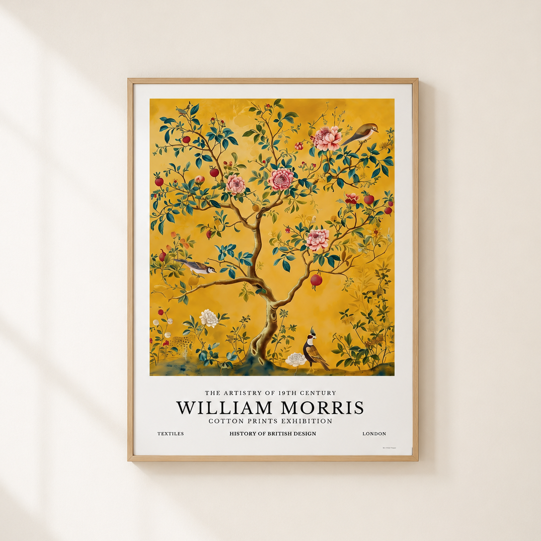 A framed William Morris art print featuring a decorative tree with pink flowers, birds, and red fruit on a mustard-yellow background, mounted on a warm off-white wall with soft window-shadow lighting.