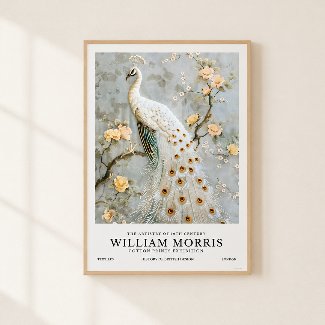 A framed art print featuring a white peacock with blue and gold feather details, set against a light gray floral background with peach blossoms. The print includes text at the bottom reading 'William Morris Cotton Prints Exhibition.