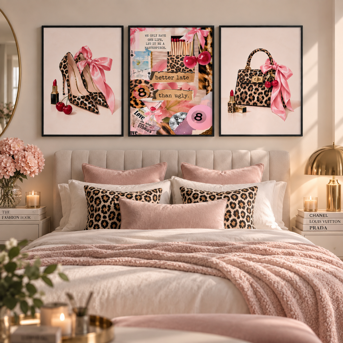 A styled bedroom scene with a bed dressed in blush pink bedding and leopard-print pillows, beneath a three-panel framed wall art set featuring leopard-print high heels, a fashion collage, and a leopard-print handbag with a pink bow.