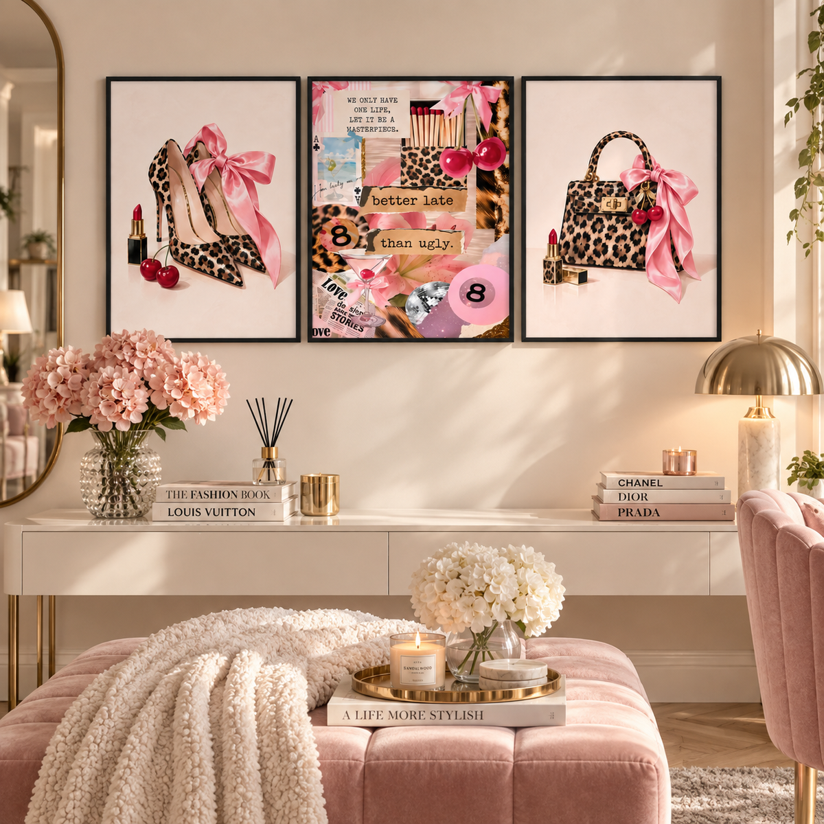 Three framed wall art prints with pink leopard-print and fashion-themed designs hang above a white console table in a styled room with pink furniture, flowers, candles, and books.