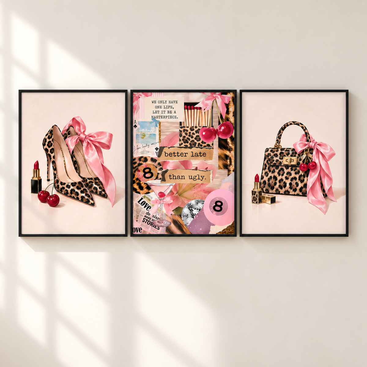 A three-panel framed wall art set displayed on a light beige wall with soft window-shadow lighting. The artwork features fashion-themed collage designs: leopard-print high heels with pink bows and cherries on the left, a central collage with cosmetics, pink flowers, and text including 'better late than ugly' and '8', and a leopard-print handbag with pink bows and lipstick on the right.