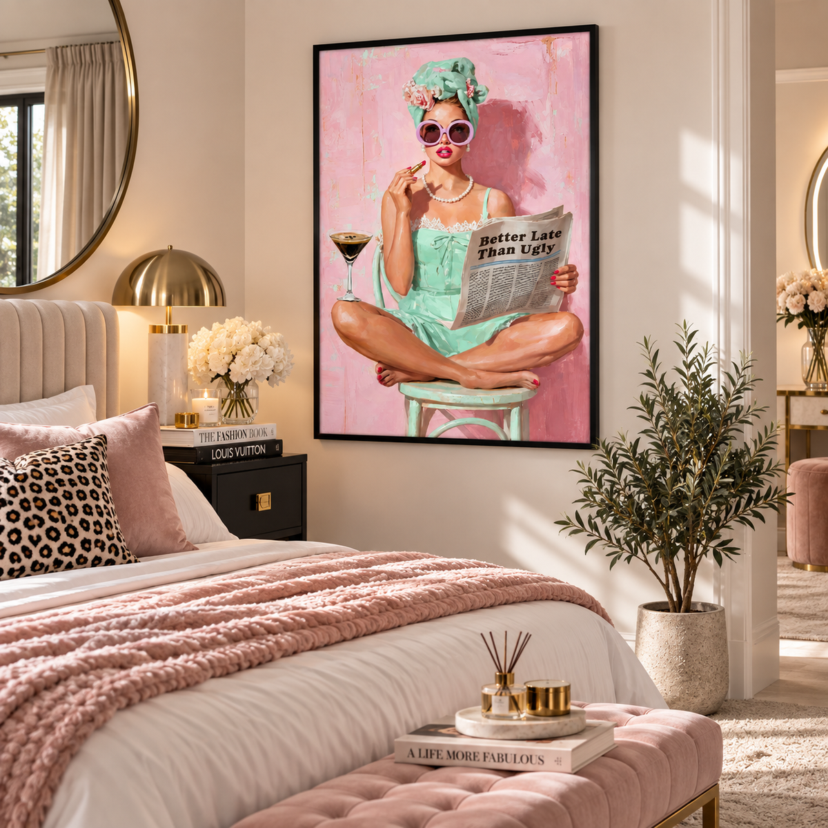 A framed vertical art print featuring a stylish woman in a mint green dress and headscarf reading a newspaper against a pink background, displayed on a beige wall above a bed in a modern, sunlit bedroom.