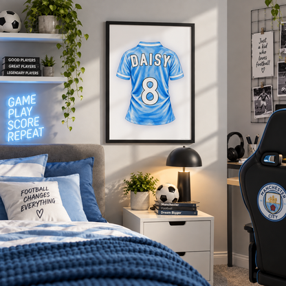 Personalised Manchester City inspired football print with custom name and number in black frame