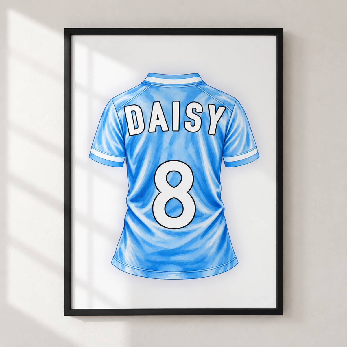 Personalised Man City inspired sky blue football shirt print with custom name and number