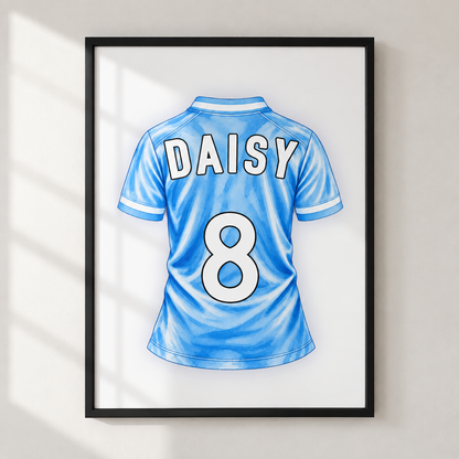 Personalised Man City inspired sky blue football shirt print with custom name and number
