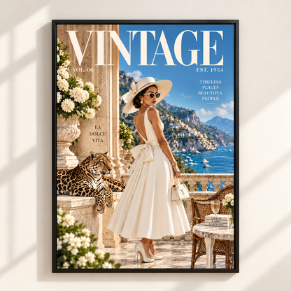 A framed vintage-style magazine cover print hangs on a light beige wall. The cover features the large title 'VINTAGE' with 'EST.