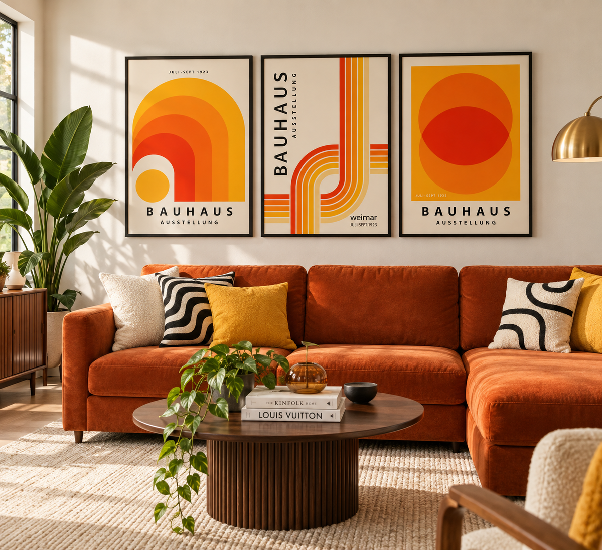 Three framed Bauhaus-style art prints in orange, yellow, and red geometric designs hang above an orange sectional sofa in a bright living room with patterned pillows, a coffee table, and plants.