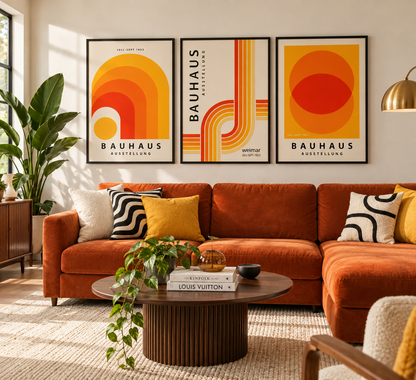 Three framed Bauhaus-style art prints in orange, yellow, and red geometric designs hang above an orange sectional sofa in a bright living room with patterned pillows, a coffee table, and plants.