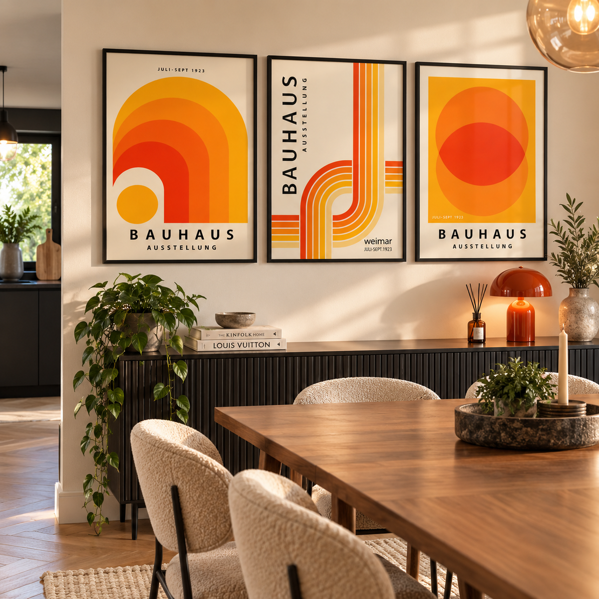 Three framed Bauhaus-style art prints in warm orange, yellow, and red geometric designs hang on a beige wall above a wooden dining table with textured dining chairs in a styled dining room.