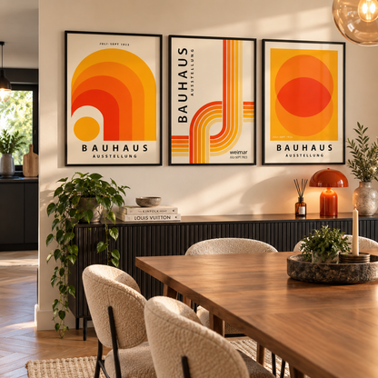 Three framed Bauhaus-style art prints in warm orange, yellow, and red geometric designs hang on a beige wall above a wooden dining table with textured dining chairs in a styled dining room.