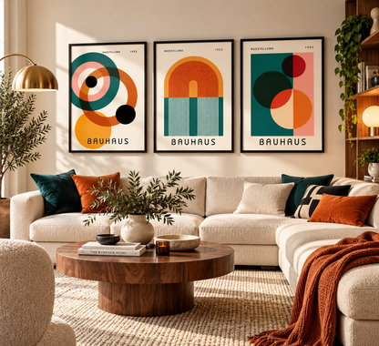 Three framed Bauhaus-style abstract art prints hang above a cream sectional sofa in a styled living room with pillows, a round wooden coffee table, plants, and warm ambient lighting.