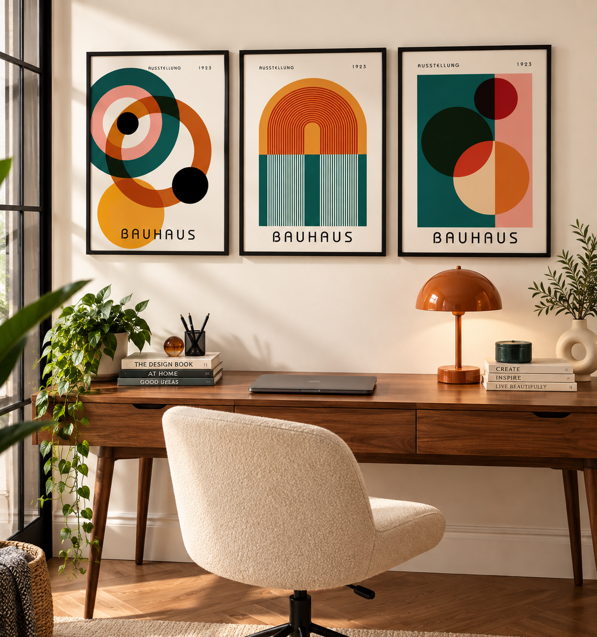 Three framed Bauhaus-style geometric art prints hang on a white wall above a wooden desk in a styled home office. The room includes a cream upholstered chair, a copper-toned desk lamp, books, and plants.