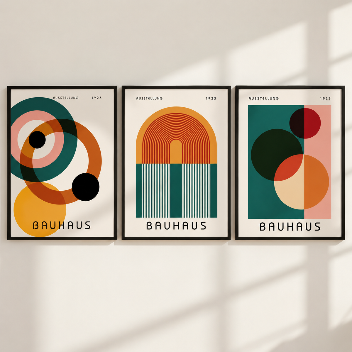 Three framed Bauhaus-style geometric art prints hang side by side on a light wall with soft window shadows. Each print features abstract circles, arcs, and blocks of teal, orange, pink, cream, and black, with the word BAUHAUS printed at the bottom.