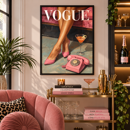 A framed art print featuring a pink-toned Vogue magazine cover illustration with legs in pink heels, a pink rotary phone, and a cocktail glass, displayed on a wall above a styled pink and gold console table in a modern interior.