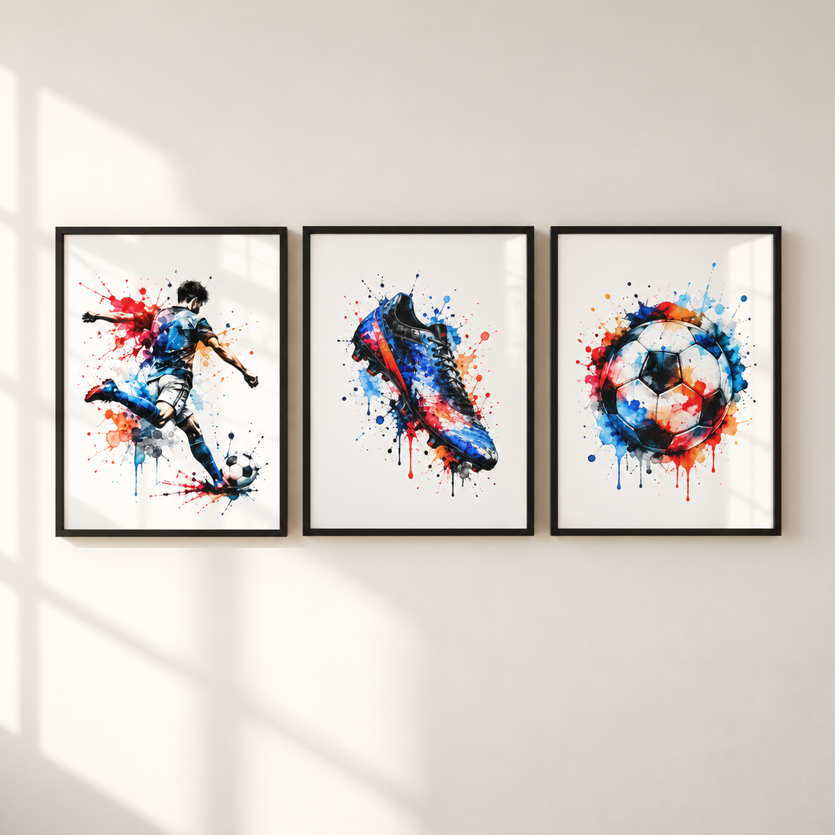 Set of 3 colourful football wall art prints featuring football player boot and ball
