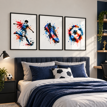 Football wall art set of 3 displayed above bed in modern boys football bedroom