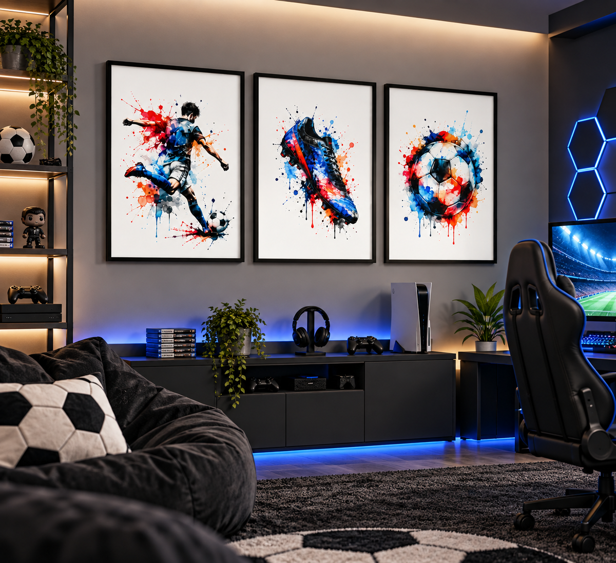 Set of 3 football prints displayed in modern boys football gaming room