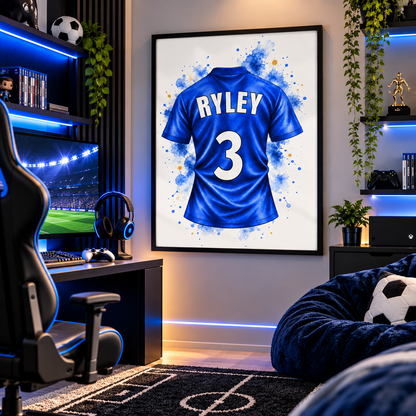 Chelsea FC Inspired personalised football shirt in a gaming room
