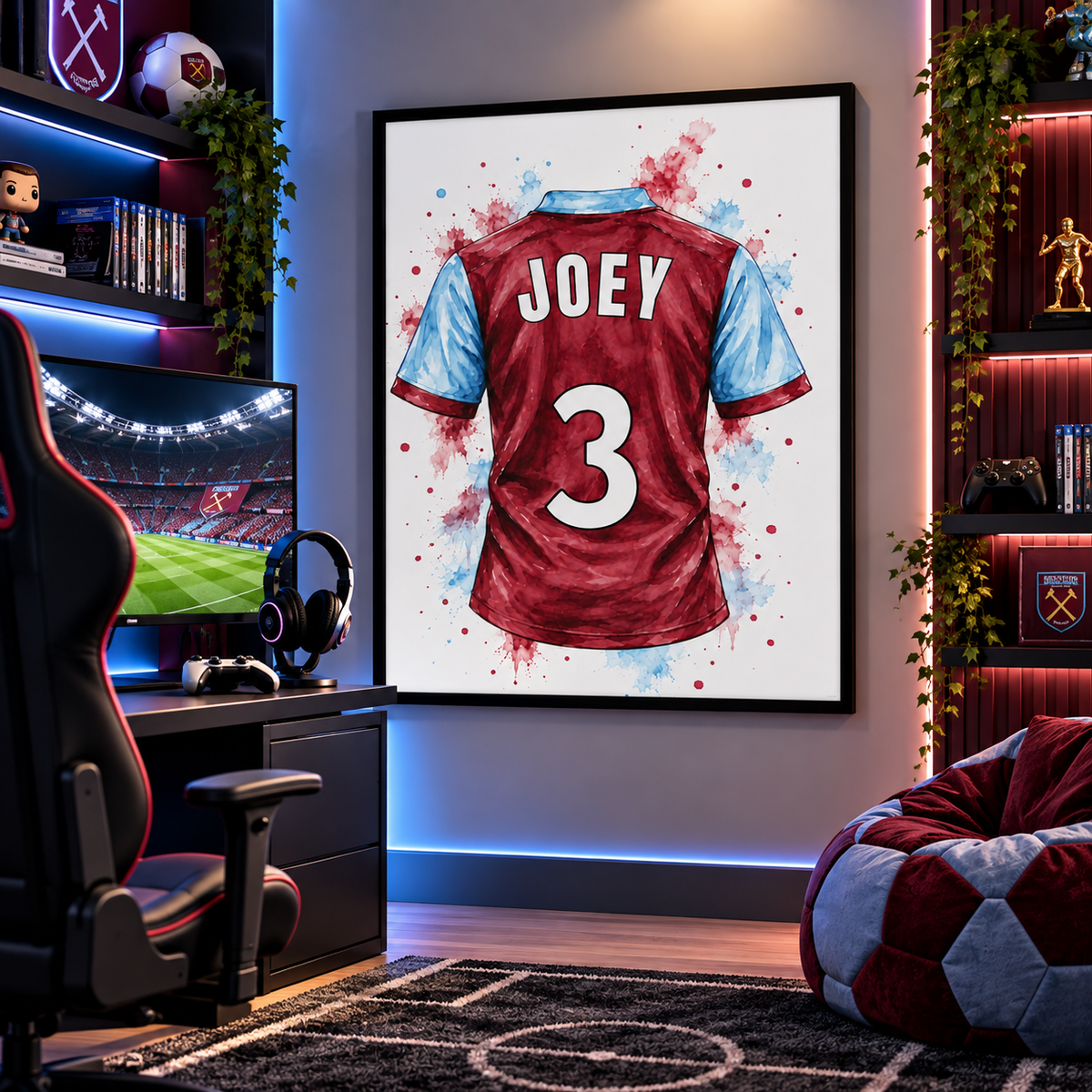 A framed wall art print featuring a watercolor-style red and light blue soccer jersey with the name JOEY and number 3, displayed in a modern gaming room with a desk, chair, shelves, and beanbag.