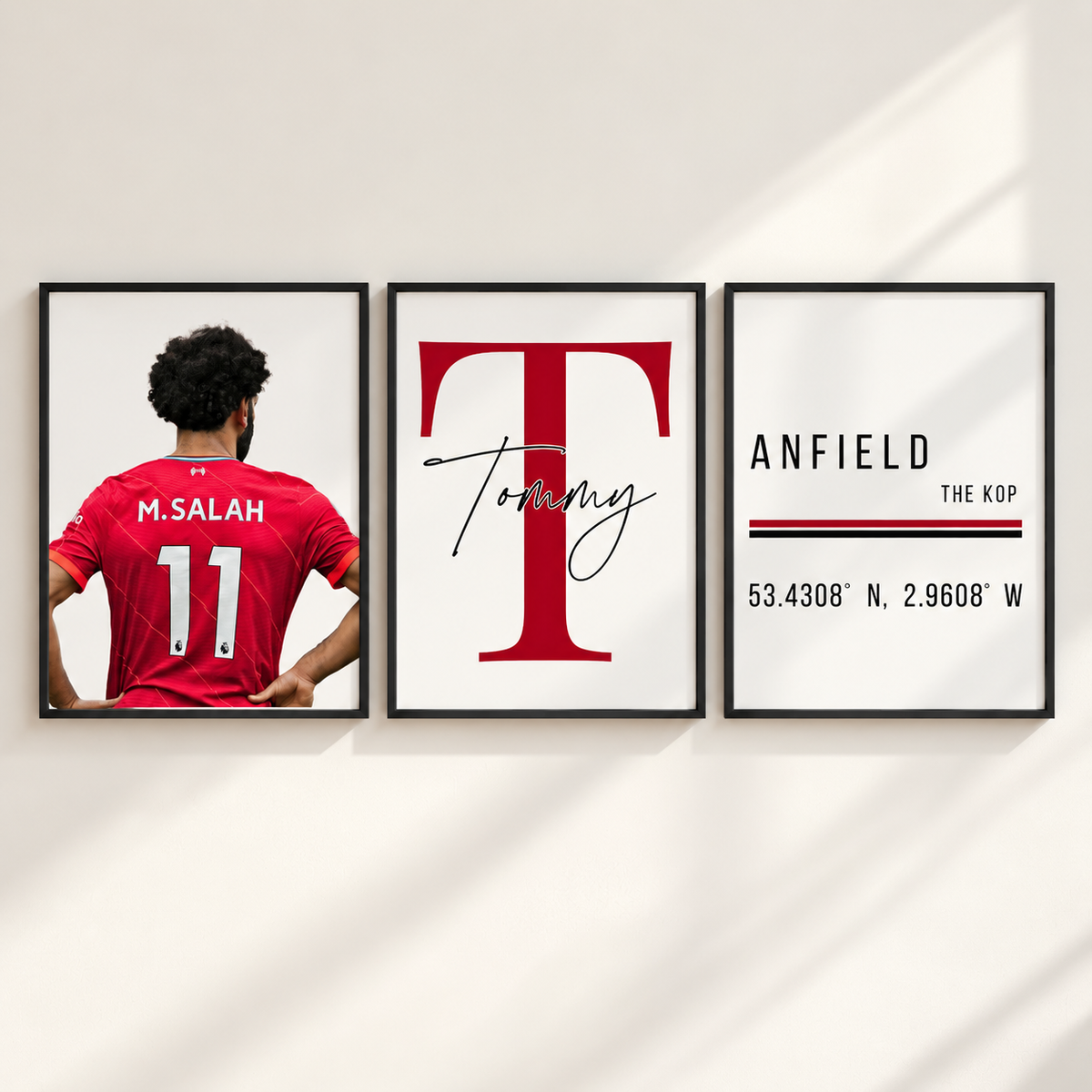 Liverpool inspired football wall art set of 3 with player personalised name and Anfield prints