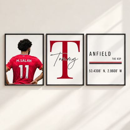Liverpool inspired football wall art set of 3 with player personalised name and Anfield prints