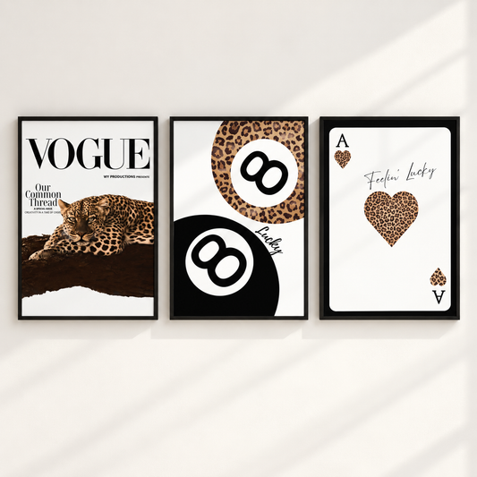 Leopard print wall art set of 3 with lucky 8 ball and playing card fashion prints