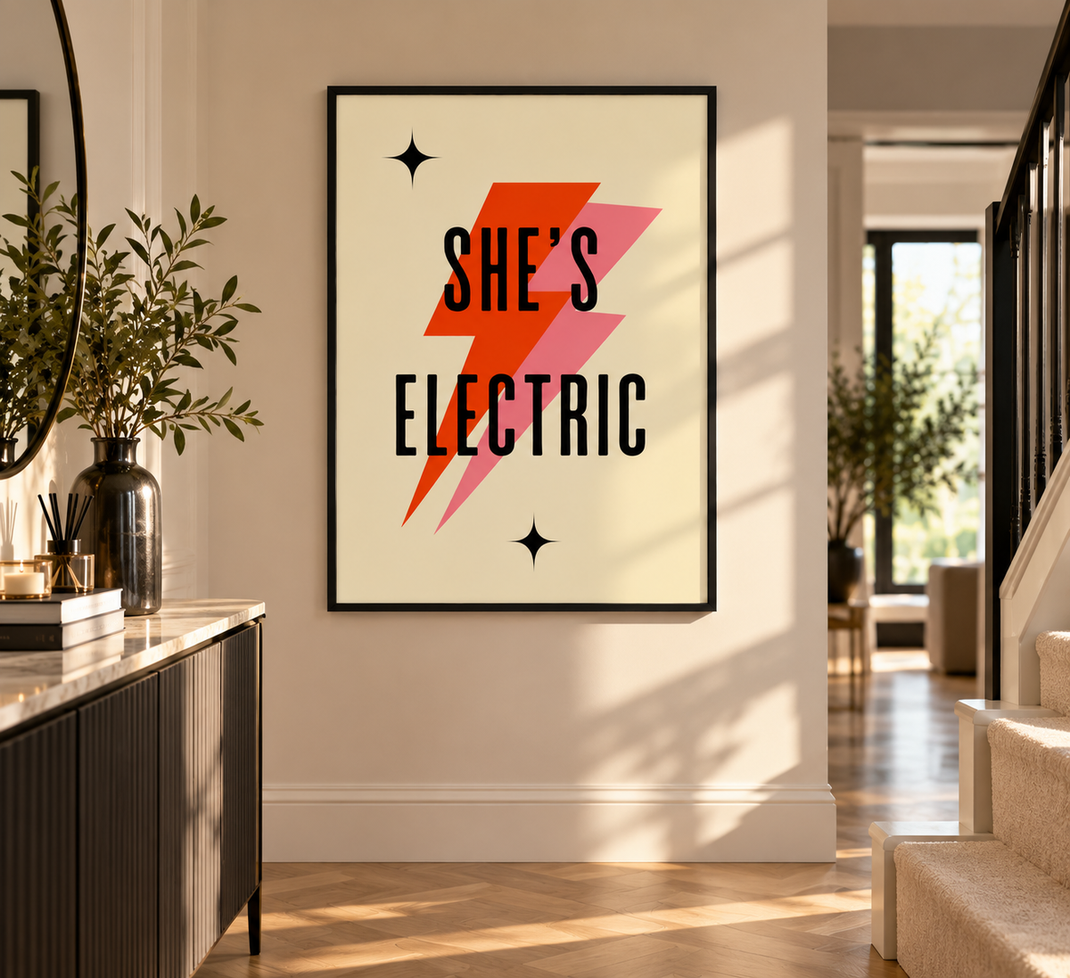 Oasis She's Electric Lyrics Print framed in a hallway
